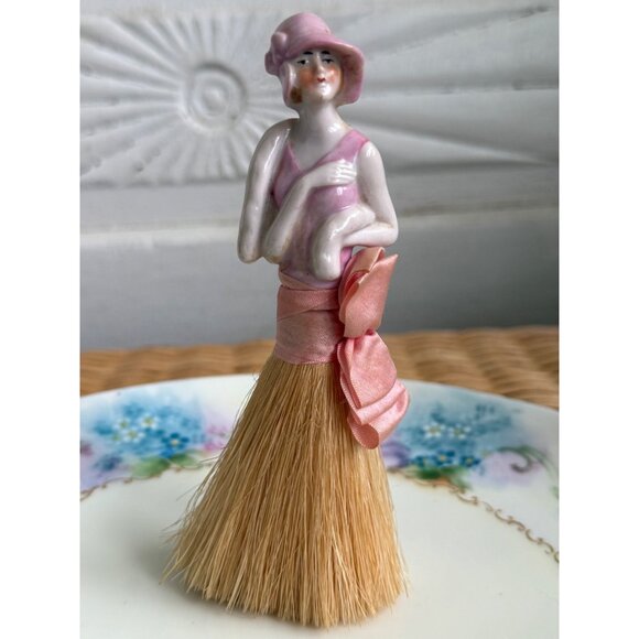 Antique 20's German Porcelain Half Doll Flapper Girl Clothes Brush - Picture 1 of 10